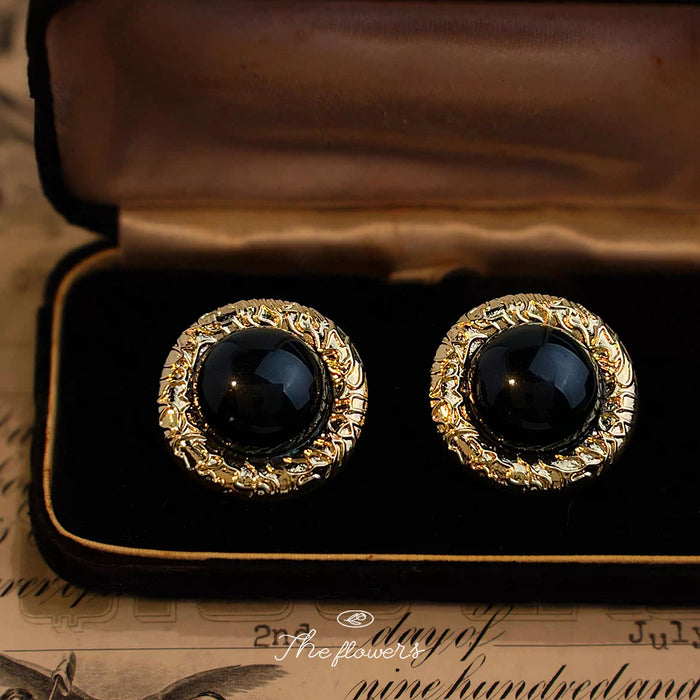 Black Cabochon Round Gold Textured Border Stud Earrings