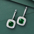 Silver Tone Green Square Stone Halo Drop Earrings with Clear Stone Accents view 2