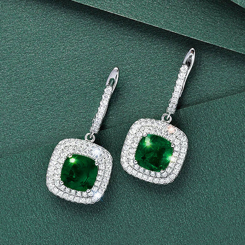 Silver Tone Green Square Stone Halo Drop Earrings with Clear Stone Accents shown in styled view