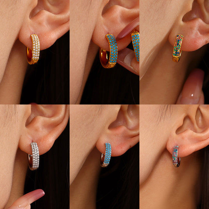 Turquoise Zircon Pave Latch Hoop Earrings Gold Steel Sizes