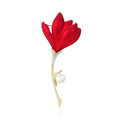 Red Tulip Brooch In Metal With Satin Red Petals And A White Faux Pearl Accent view 1