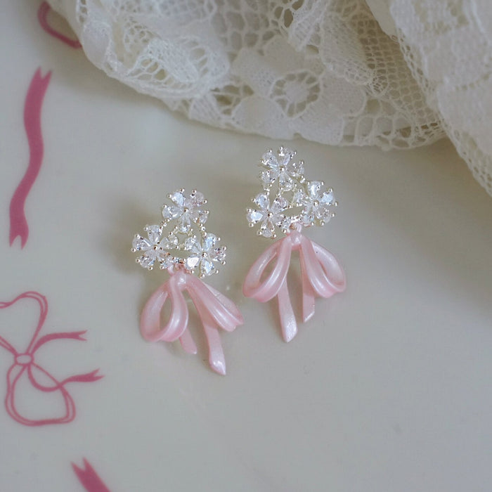 Crystal Bow Stud Earrings with Three Pastel Drop Colors