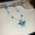 Blue Glass Butterfly Pendant Necklace Pearl Bead Strand view 4
