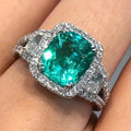 White Gold Emerald Green Cushion Halo Ring Clear Accents view 1