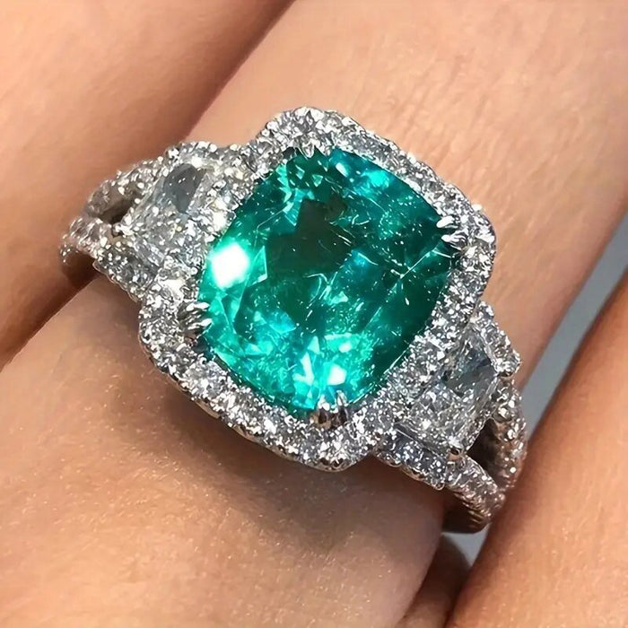 White Gold Emerald Green Cushion Halo Ring Clear Accents