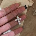 Silver Tone Clear Stone Cross Pendant Necklace on Fine Chain view 2