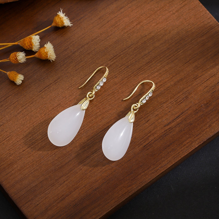White Elongated Teardrop Clear Accent Hook Earrings
