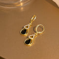Gold Black Teardrop Leverback Earrings Rhinestone Outline view 3