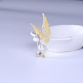 Gold Tone Double Wing Brooch With White Pearl and Clear Crystal view 6