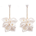 White Petal Pearl Chain Drop Earrings with Reflective Details view 5