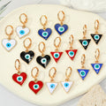 Gold Tone Enamel Heart and Triangle Evil Eye Huggie Drop Earrings view 1