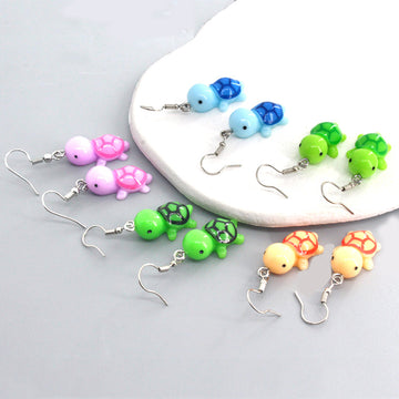 Silver Tone Colorful Turtle Figure Resin Hook Earrings