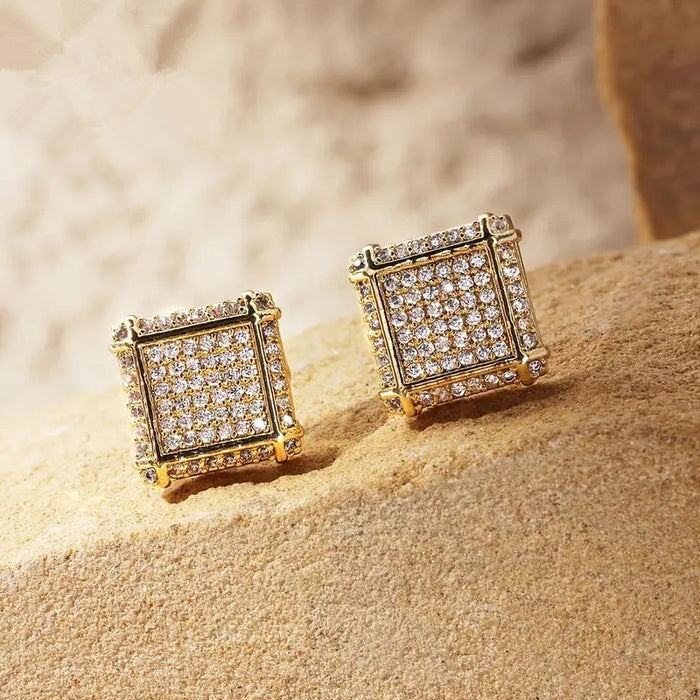 Square Pavé Stud Earrings In Gold And Silver Tone In A Polished Decorative Design