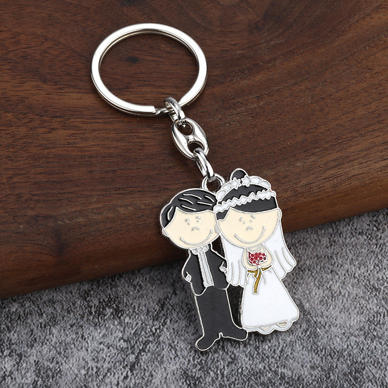Bride and Groom Enamel Keychain, Cute Couple Metal Bag Charm