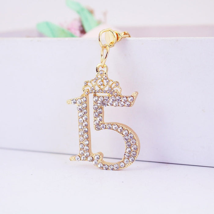 Number 15 Crown Crystal Rhinestone Keychain Car Key Bag Charm