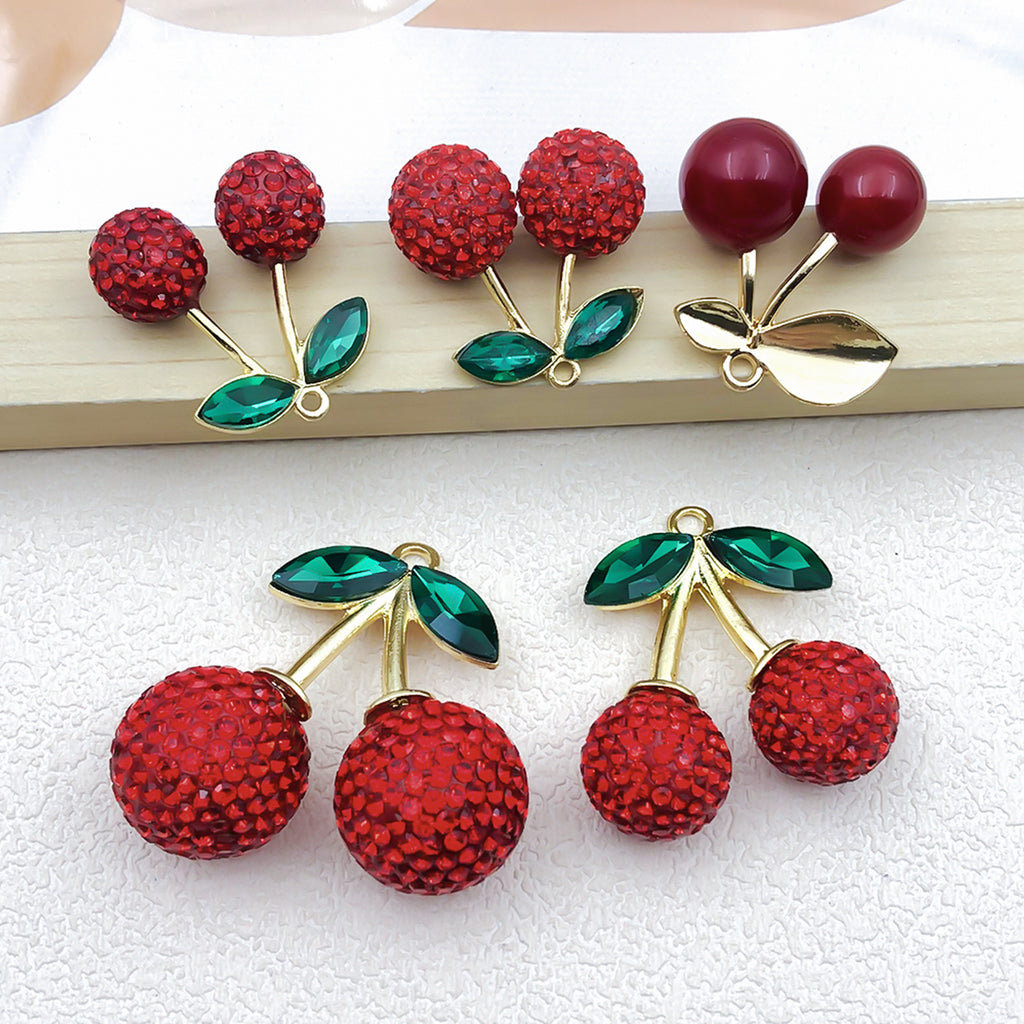 Acrylic Rhinestone Red Cherry Charm Pendant for DIY Bag Keychain and Jewelry Accessories