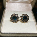 Blue Crystal Flower Halo Stud Earrings with Gold Tone Trim view 6