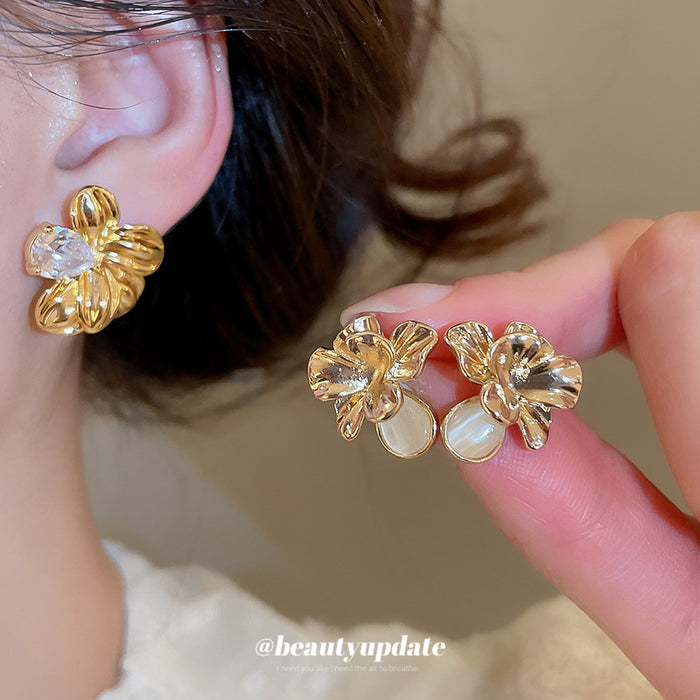 Gold Tone Sculpted Folded Petal Flower Stud Earrings