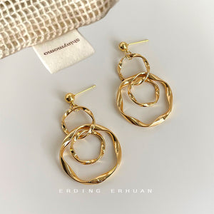 Gold Tone Triple Irregular Round Loop Drop Stud Earrings