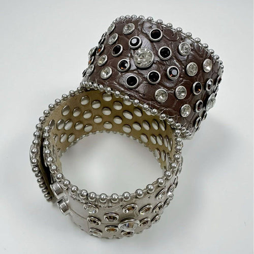 Cream and brown leather rhinestone cuffs product pair showing interiors