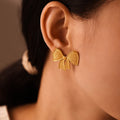 Textured Bow Stud Earrings And Bow Pendant Necklace Gold Steel view 3