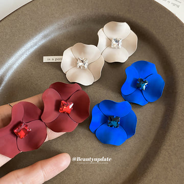 Matte Flower Stud Earrings In Blue And Burgundy Matching Jewelry Pair