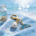 Teal Mermaid Tail Pearl Enamel Keychain Gold Clasp view 3
