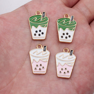 Gold Tone Bubble Tea Enamel Charms in Pink and Green