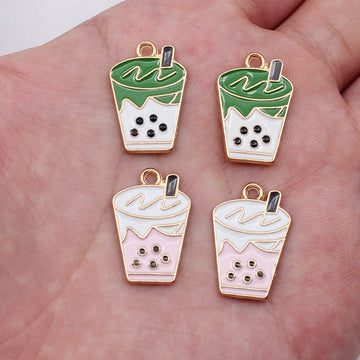 Gold Tone Bubble Tea Enamel Charms in Pink and Green