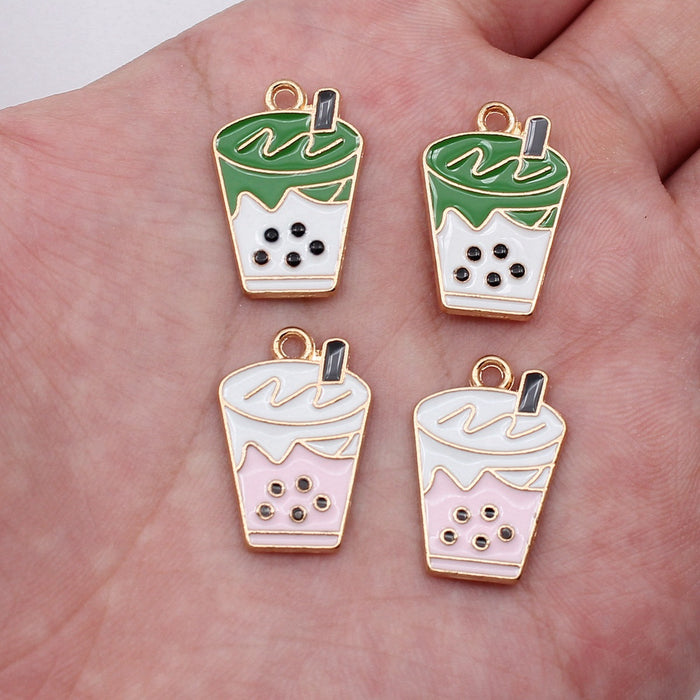 Gold Tone Bubble Tea Enamel Charms in Pink and Green