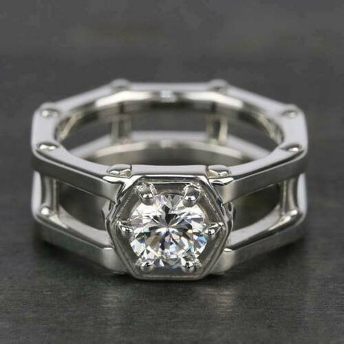 Silver Double-Layer Geometric Openwork Hexagon CZ Ring