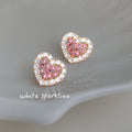 Pink Crystal Heart Stud Earrings Clear Halo Gold Tone view 3