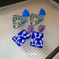 Blue Painted Geometric Floral Statement Drop Earrings view 1