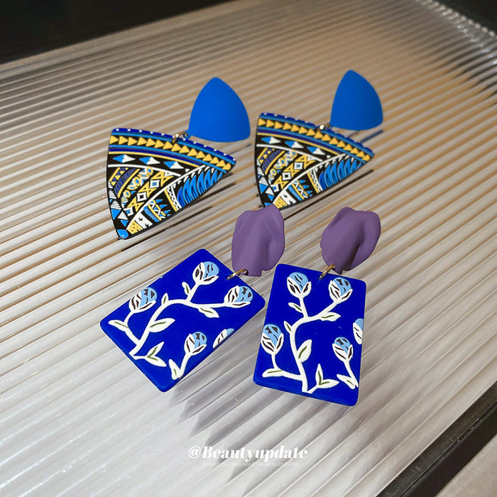 Blue Painted Geometric Floral Statement Drop Earrings