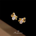 Gold-Tone Ribbed Bow Pearl Oval Clear Stone Stud Earrings view 4