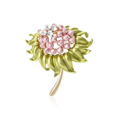 Main front view of Green Leaf Pomegranate Flower Brooch In Red Pink And Purple