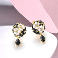 Gold Tone Black and White Floral Drop Earrings with Teardrops view 2