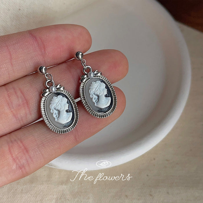 Silver-Tone Oval Cameo Lady Portrait Drop Earrings