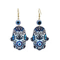 Gold Tone Printed Acrylic Hamsa Hand Evil Eye Hook Earrings in Eleven Designs view 4