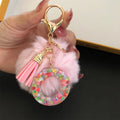 Pink Faux Fur Pompom Letter Charm Keychain with Confetti Resin view 4