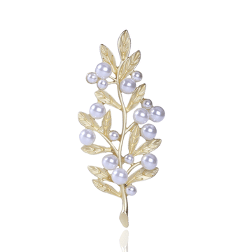 Matte Gold Pearl Leaf Branch Brooch White Pearl Accents