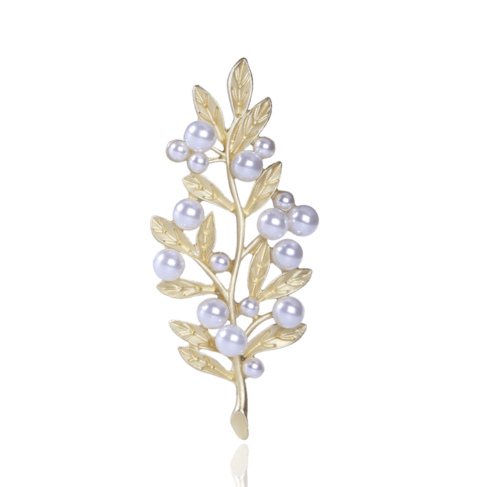 Matte Gold Pearl Leaf Branch Brooch White Pearl Accents