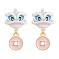 Pink Enamel Chinese Lion Dance Head Coin Drop Earrings view 5