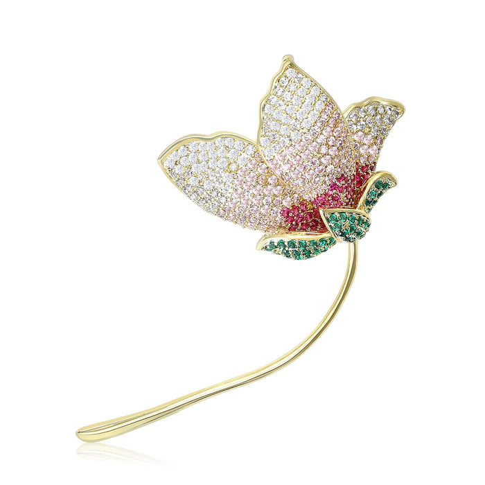 Pink Gradient Zircon Flower Brooch Gold Tone Green Leaf Pin