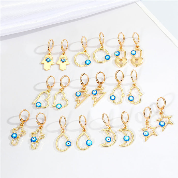 Gold Tone Evil Eye Huggie Earrings with Ten Symbolic Drop Designs