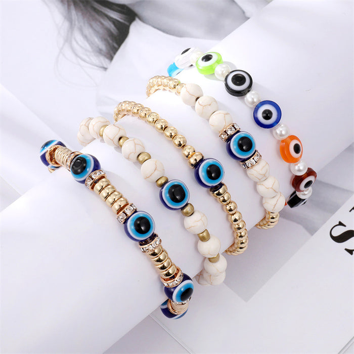 Gold Tone Mixed Bead Evil Eye Stretch Bracelets in Five Designs