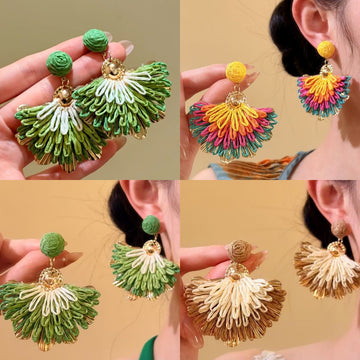 Textured Woven Fan Flower Statement Drop Stud Earrings