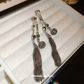 Antique Silver Tone Ball and Tassel Drop Earrings with Polished Metal Accents view 4