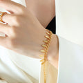 Gold Silver Curb Chain Bracelet with Dangling Oval Leaf Charms view 4
