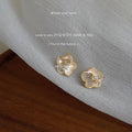 White Camellia Flower Stud Earrings Gold Rim Clear Center view 4